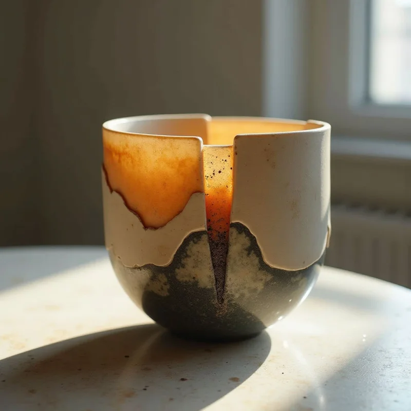 A ceramic bowl sits on a white surface, featuring a palette of cream, ochre, and dark charcoal gray. The vessel displays irregular, organic shapes with jagged vertical fissures and textures ranging from smooth matte surfaces to speckled, granular finishes. Strong directional light creates high contrast, casting a deep shadow across the table and highlighting the uneven rim and interior tones.