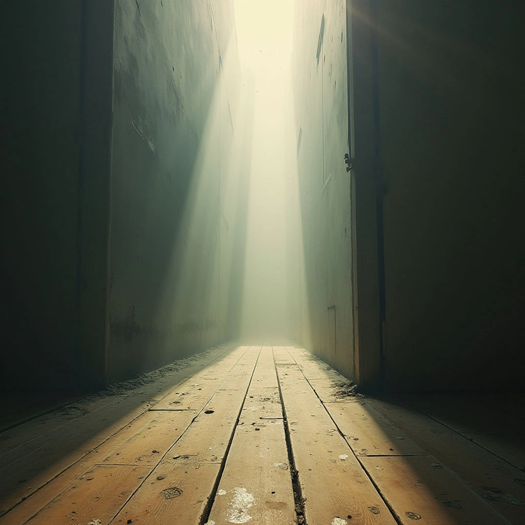 A long, narrow hallway stretches into the distance, lined with tall, dark walls. Bright light streams down from above, illuminating a path along the wooden floor and creating a hazy glow at the far end. The space feels enclosed and mysterious, hinting at something unseen beyond the light.