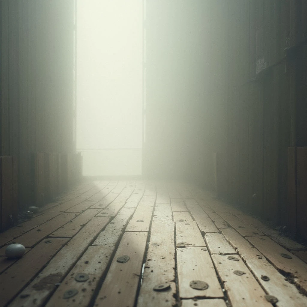 A long, wooden hallway stretches into a dense fog, obscuring the far end from view. The floorboards are worn and scattered with small dark objects, leading the eye toward a bright, hazy light in the distance. A sense of quiet isolation pervades the space, suggesting abandonment or mystery.