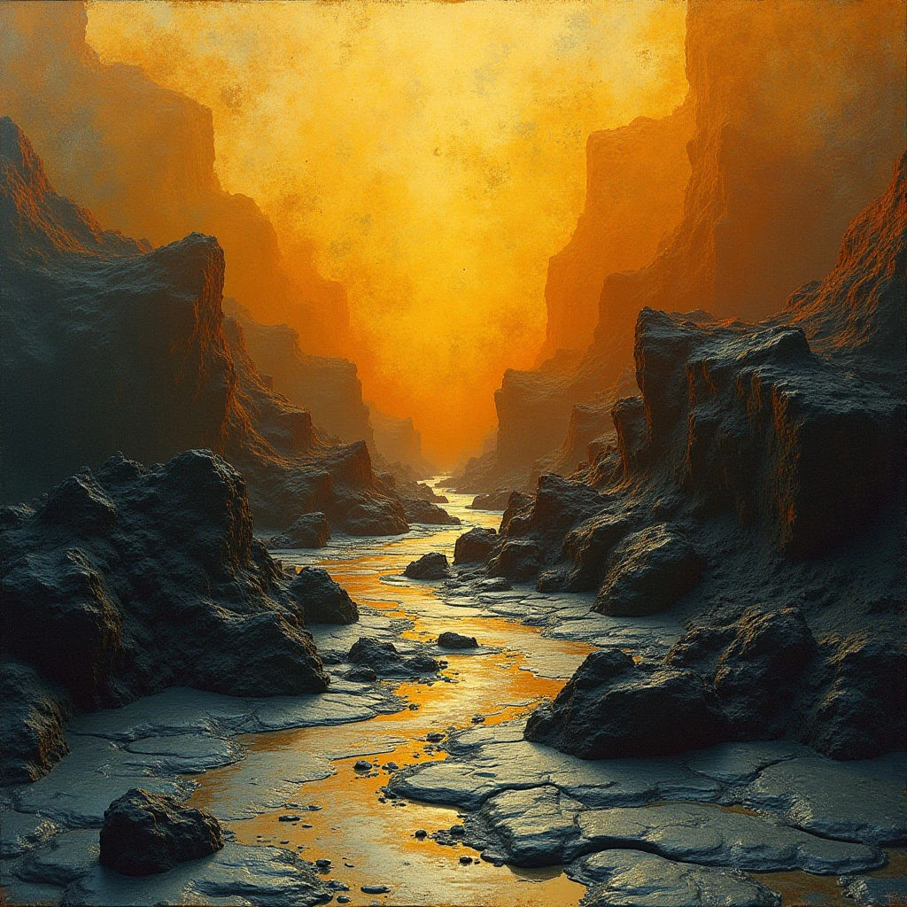 The image depicts a narrow canyon with steep, rocky walls primarily in shades of dark gray and ochre. A bright golden light source illuminates the center of the canyon, creating strong contrasts and reflecting off a shallow waterway that runs through its length. The shapes are largely irregular and angular, dominated by the rough textures of the stone formations and a sense of depth receding into the distance.
