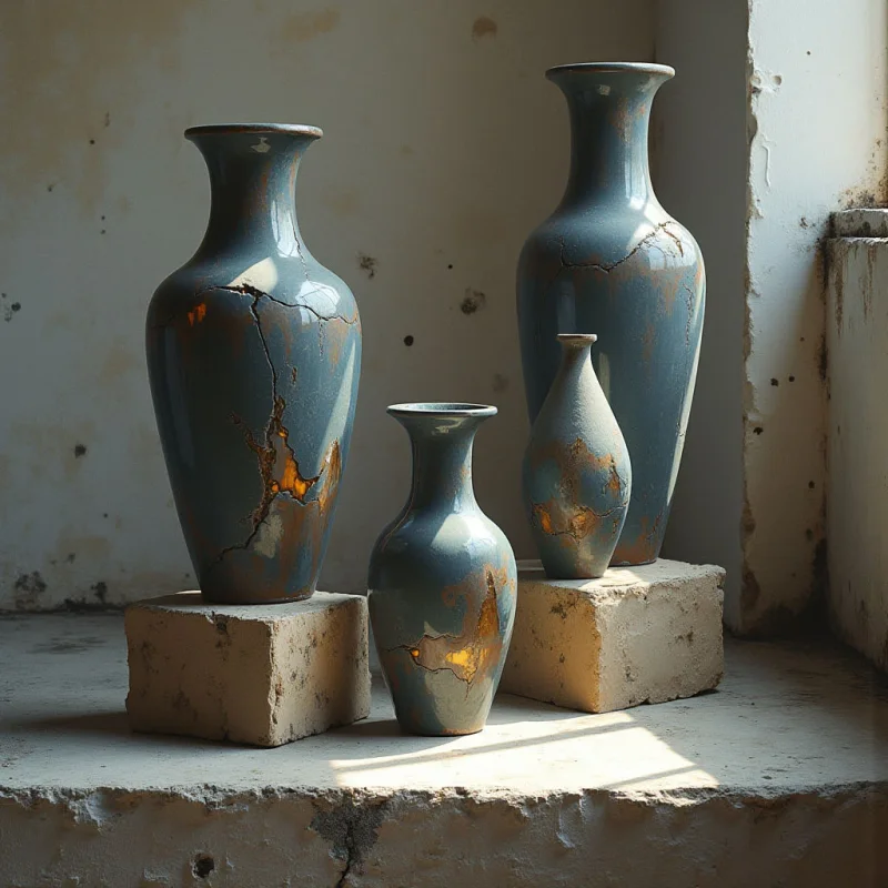 Four vases of varying sizes are arranged on rectangular stone blocks against a pale wall and recessed architectural feature. The vases share a teal color with extensive cracking revealing orange undertones, contrasting with the rough texture of the stone supports and surrounding surfaces. Light enters from the right, creating distinct highlights on the vessels and casting shadows that define spatial depth within the composition.