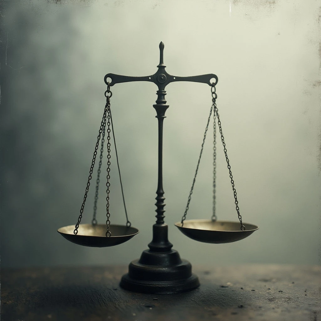 An antique scale stands centered on a dark, textured surface. Its brass pans hang evenly from delicate chains connected to a wrought iron support. A soft, hazy background emphasizes the weightiness and solemnity of the object.