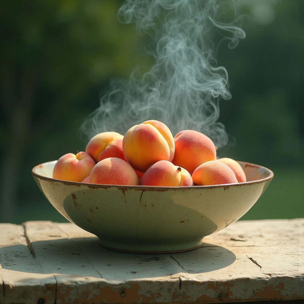 A shallow bowl filled with ripe peaches dominates the foreground, their warm orange and red hues contrasting with the cool green background foliage. Wisps of pale smoke rise from the fruit, creating soft, blurred shapes against the sharper forms of the peaches and bowl. The scene is bathed in bright sunlight, casting shadows on the wooden surface below and highlighting the textured surfaces of both the fruit skin and rustic bowl.