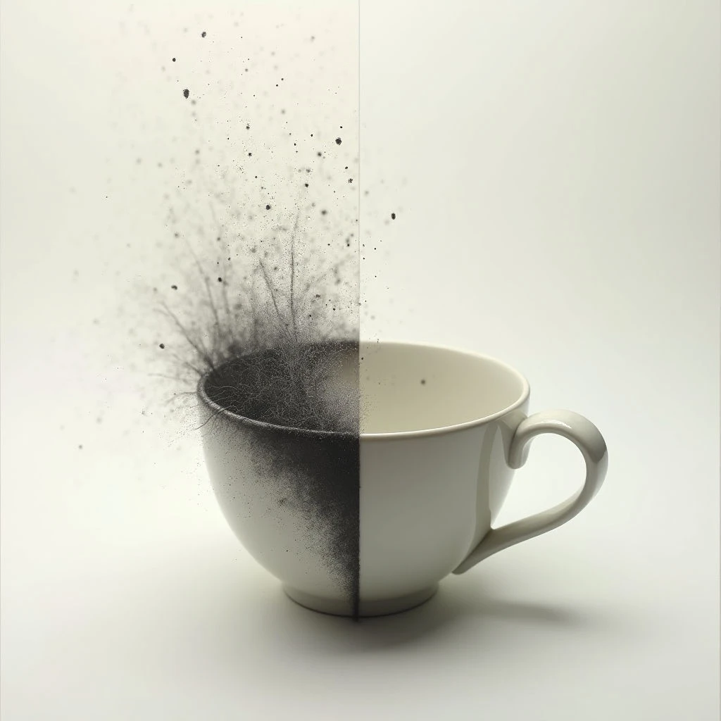 A white teacup is split down the middle, one side filled with a dark, dissipating substance that seems to be crumbling into dust. The particles rise upwards from the cup, contrasting sharply with the clean, empty half. It appears as though something within the cup is actively breaking apart or fading away.