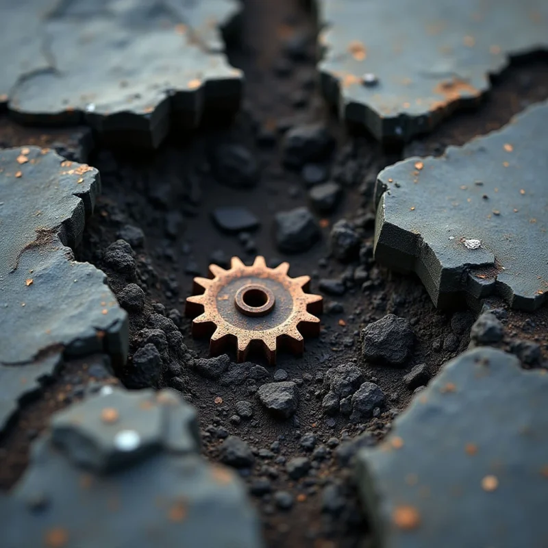 A single, bronze-colored gear sits centered within a deep fissure of dark, granular soil and jagged, grey stone fragments. The composition features sharp, angular edges of the broken ground contrasting with the rhythmic, circular teeth of the metal cog. Soft, diffused light illuminates the scene, creating subtle shadows within the crevices and highlighting the rough textures of the earth.