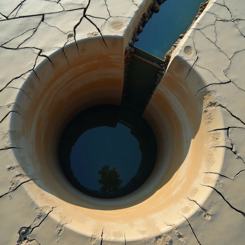 The image is dominated by earthen tones ranging from pale beige to deeper ochre, contrasted with a dark blue center. A network of cracks covers the surrounding surface, creating a rough texture while smooth, concentric curves define the inner well structure. Light casts strong shadows along one side, emphasizing depth and suggesting a high vantage point looking directly down into a circular space.