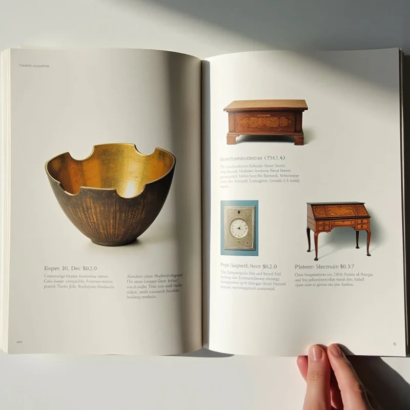 The image depicts an open book spread featuring a pale cream background with several rectangular images and accompanying text blocks arranged across both pages. A large, metallic, irregularly shaped object dominates the left page, reflecting light in its curved surfaces, while the right page holds smaller, framed depictions of objects – a clock, a small portrait, and a writing desk – each accompanied by descriptive text. The overall spatial relationship suggests a catalog or reference layout with a central focal point balanced by supporting details on either side.