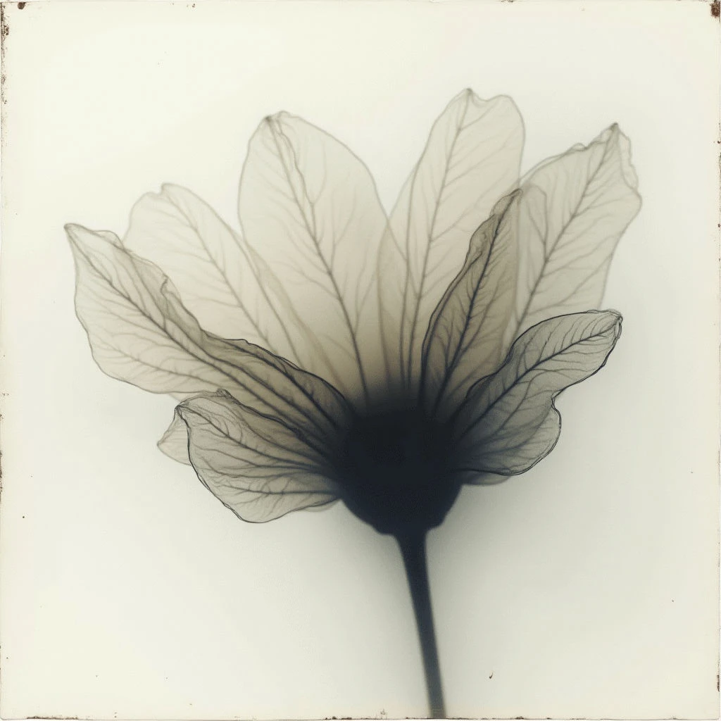A delicate flower is shown with its internal structure visible, appearing as a ghostly outline against a pale background. The petals are translucent and reveal a network of veins, creating an ethereal effect. A dark center anchors the bloom, extending down into a slender stem.