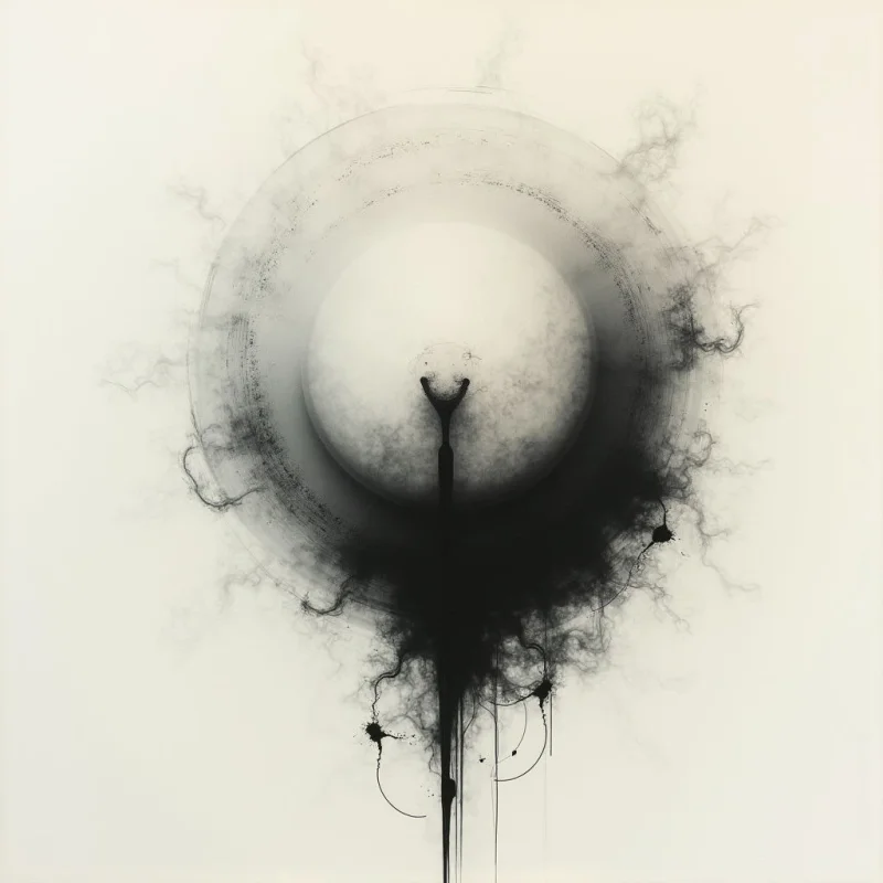 A large, pale circle dominates the center of the image, resembling a hazy moon or eye. Dark, branching tendrils extend downwards from its base like roots or shadows, contrasting sharply with the soft background. A faint circular outline surrounds the central shape, adding to the overall impression of something emerging from nothingness.