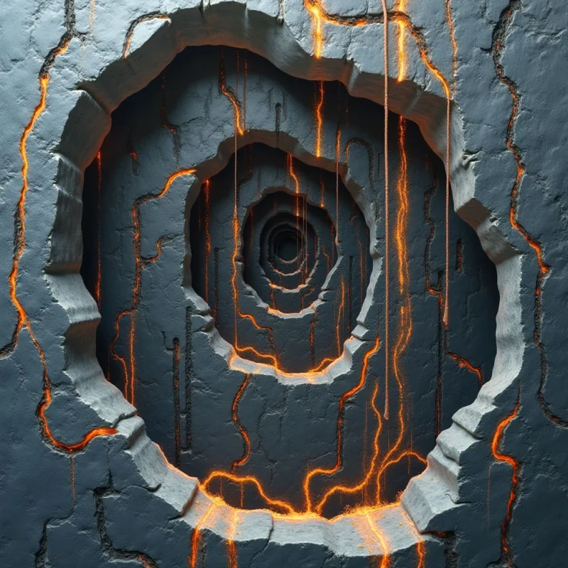 A series of concentric, irregular circular openings recedes into a dark center, creating a sense of deep tunnel-like depth within a textured gray surface. Glowing orange light emanates from jagged fissures and cracks that trace the edges of the rings and descend in thin, vertical drips. The composition features a contrast between the rough, matte stone texture and the smooth, luminous lines of molten light.