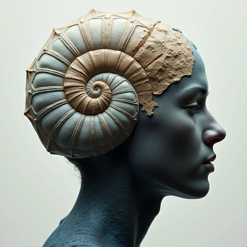 A profile view of a dark blue figure features a large, spiral seashell structure in shades of pale blue and tan integrated into the head. The composition contrasts the smooth, matte skin texture with the ribbed, calcified surfaces of the shell and a jagged, sandy fragment along the forehead. Bright, even light illuminates the subject against a neutral, off-white background, emphasizing the sculptural depth of the forms.