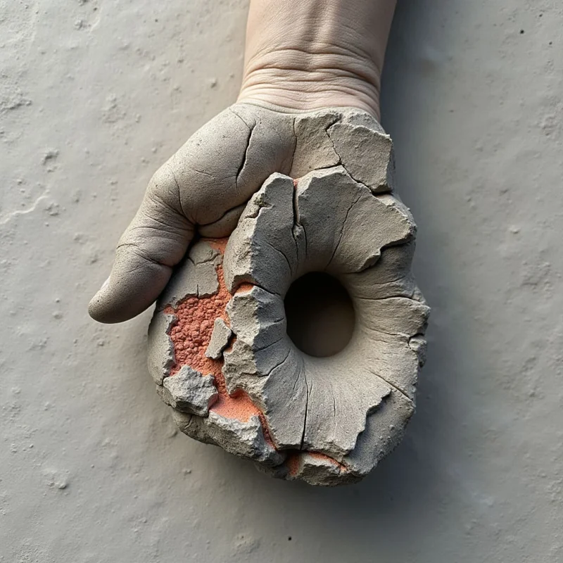 A pale hand holds a rough, gray ring-shaped object with deep cracks and irregular edges against a flat, off-white background. The textured surface of the object reveals patches of salmon-colored material beneath its fragmented exterior. Soft, diffused light creates subtle shadows that define the depth of the central hole and the contours of the fingers.