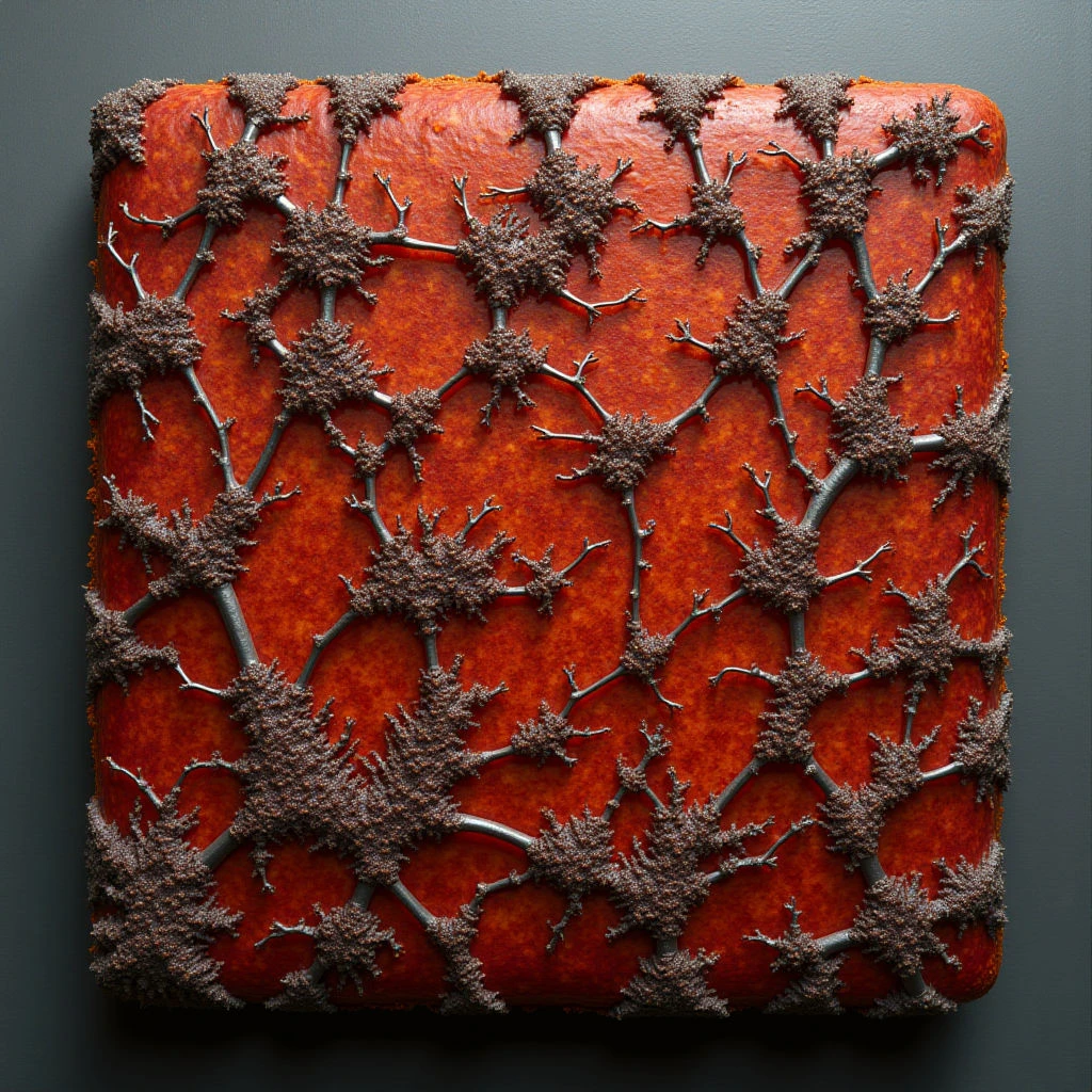 The image features a roughly square panel with an orange-red base color and dark gray surroundings. A network of branching, twig-like structures covered in small, granular textures extends across the surface of the panel. Light appears to come from above, creating subtle shadows that emphasize the three-dimensional relief of the branches against the smoother background.
