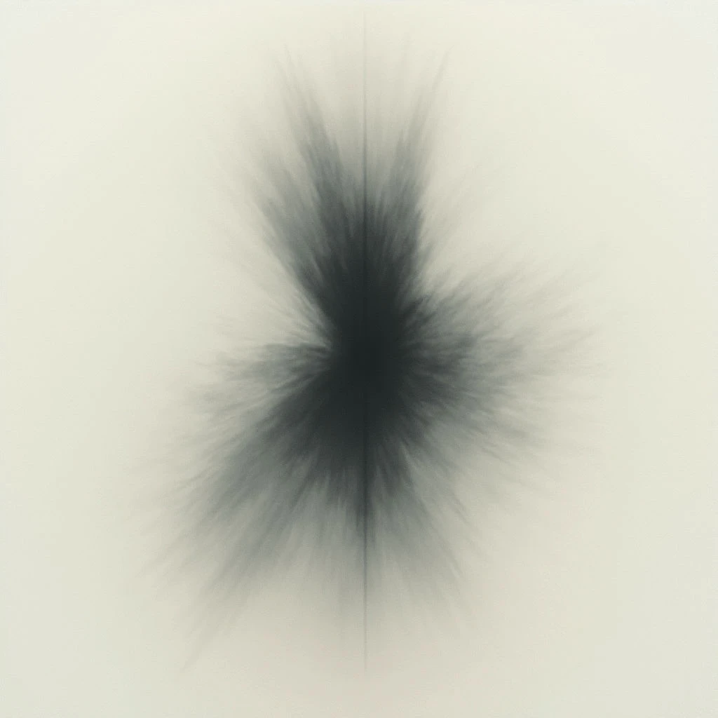 A dark, dense center radiates outwards into a hazy, feathered shape against a pale background. The lines extending from the core are wispy and uneven, creating an explosive yet subtle effect. It resembles a burst or bloom of smoke, with a strong contrast between light and shadow.