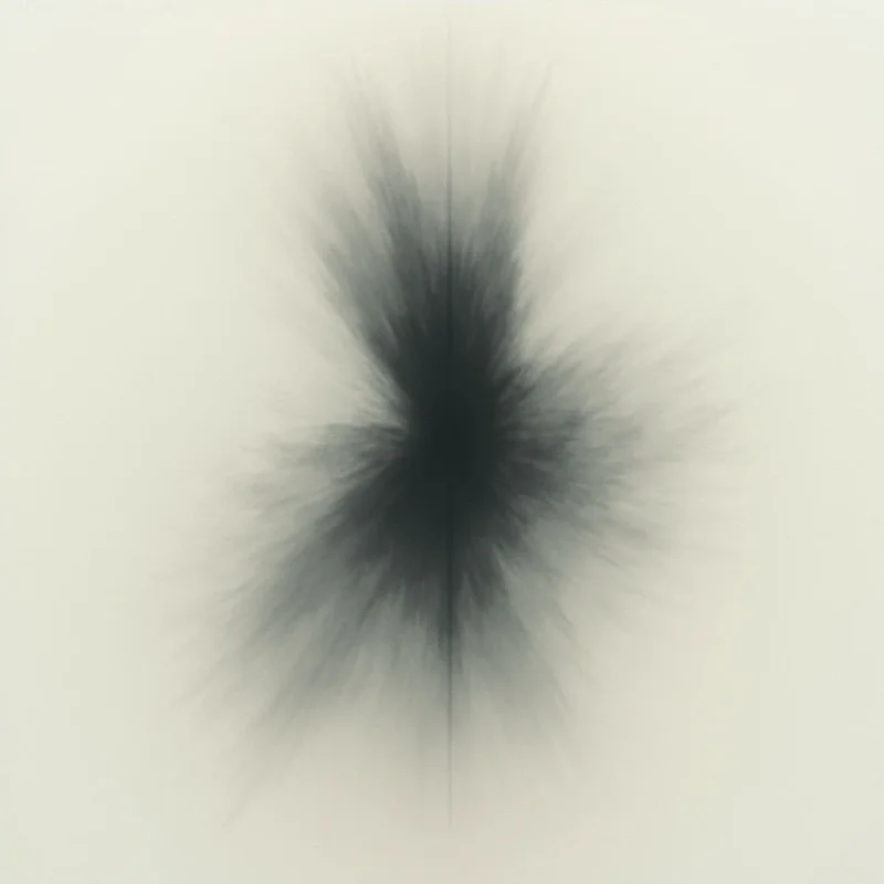 A dark, dense center radiates outwards into a hazy, feathered shape against a pale background. The lines extending from the core are wispy and uneven, creating an explosive yet subtle effect. It resembles a burst or bloom of smoke, with a strong contrast between light and shadow.