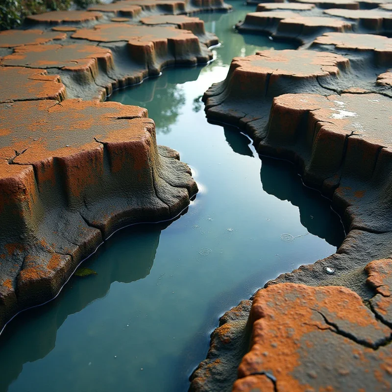 The image features a network of shallow pools and channels carved into reddish-brown rock formations. The stone surfaces exhibit rough, cracked textures with varying shades of rust and darker tones in recessed areas, contrasting with the smooth, reflective teal water filling the spaces between them. Light appears to come from above and slightly behind, creating highlights on the water’s surface and casting shadows within the rocky crevices, suggesting depth and a winding spatial arrangement.