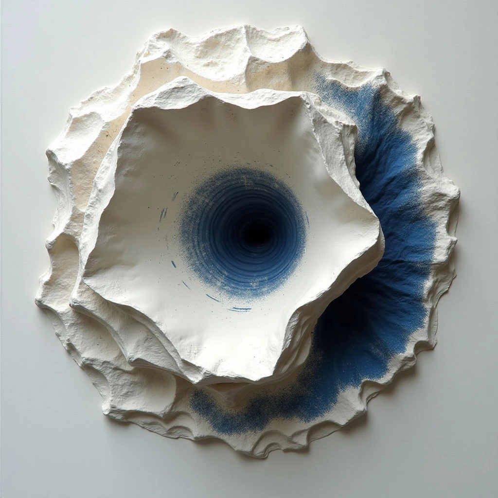The work features a roughly circular form with a central dark blue void surrounded by lighter shades of blue that fade into white. The surface appears textured and layered, resembling crumpled or eroded material, with irregular peaks and valleys creating strong shadows. Light falls unevenly across the piece, emphasizing its three-dimensional qualities and highlighting the contrast between the smooth inner cavity and the rough outer edges.