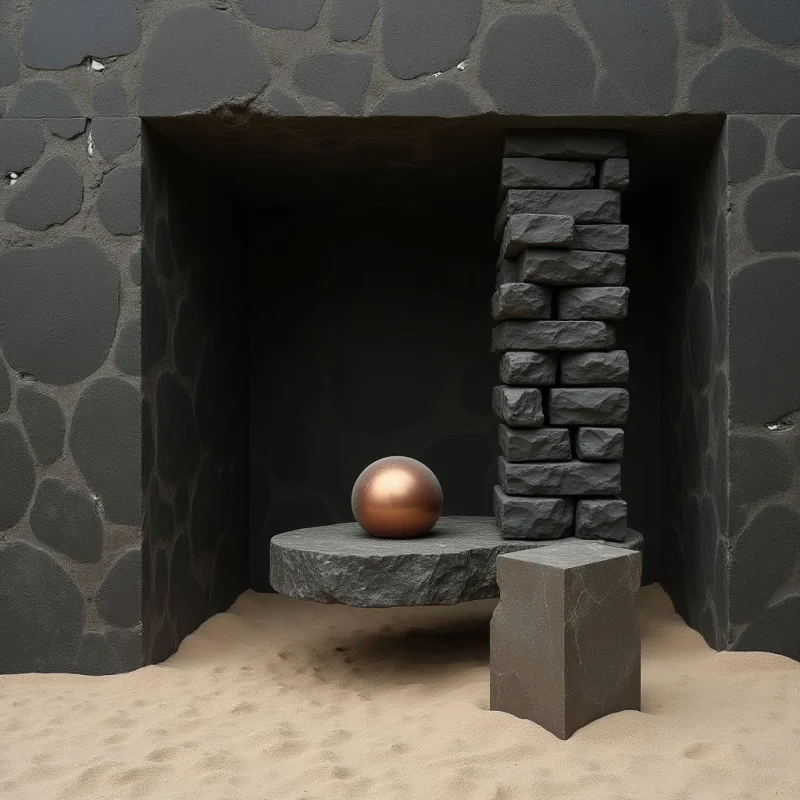 A smooth, copper-toned sphere sits atop a rough-textured grey stone slab within a dark, recessed alcove. The composition features stacked rectangular stones forming a pillar next to the slab, set against a backdrop of large, irregular dark grey stone shapes. Light falls from above, highlighting the metallic sheen of the sphere and the granular texture of the sandy ground below.