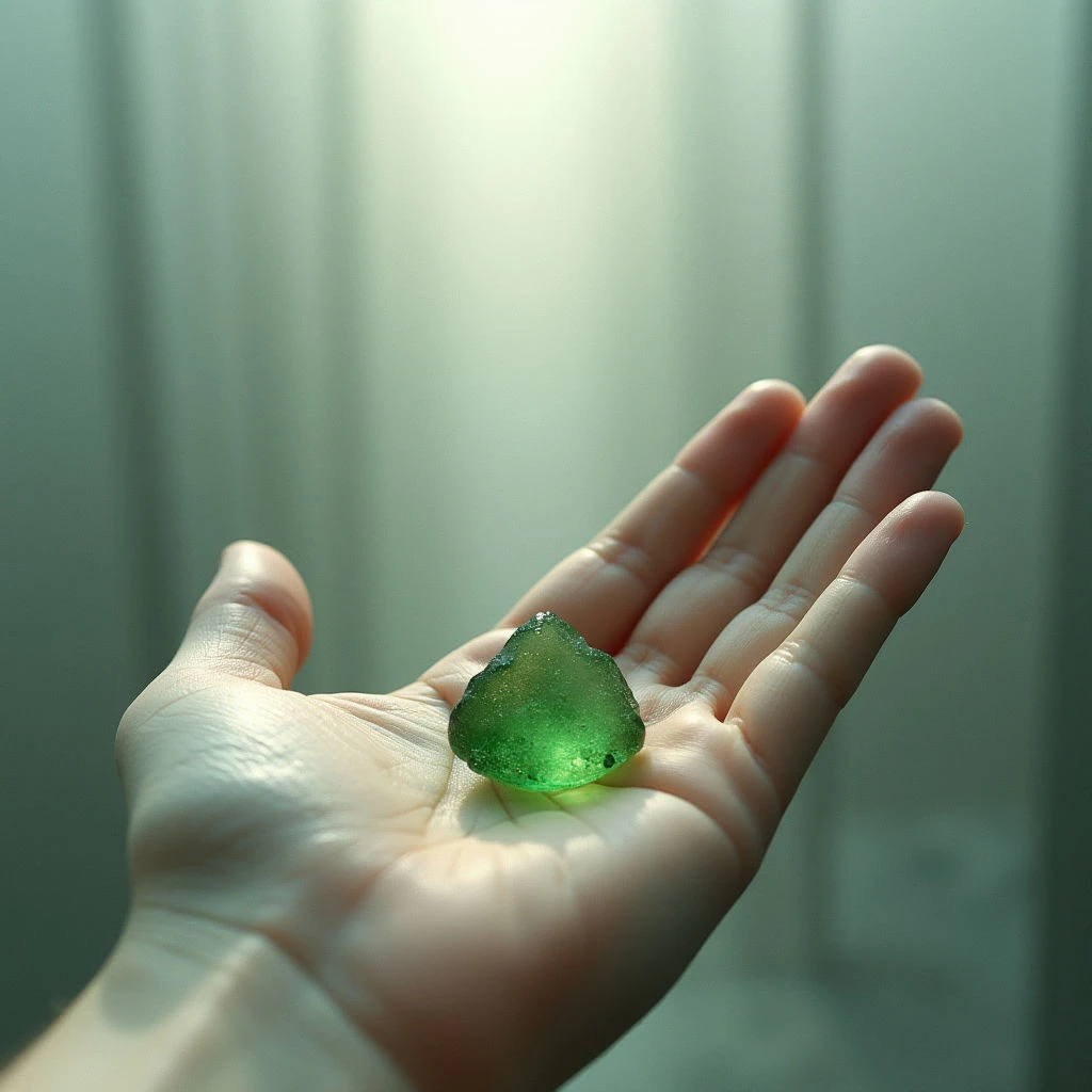 The image features a pale hand holding a translucent green object with irregular, rounded edges. Soft, diffused light illuminates the scene, creating highlights on both the hand and the glass piece while casting gentle shadows in the background of vertical lines. The smooth texture of skin contrasts with the slightly frosted appearance of the held object, which is centrally positioned within the open palm.