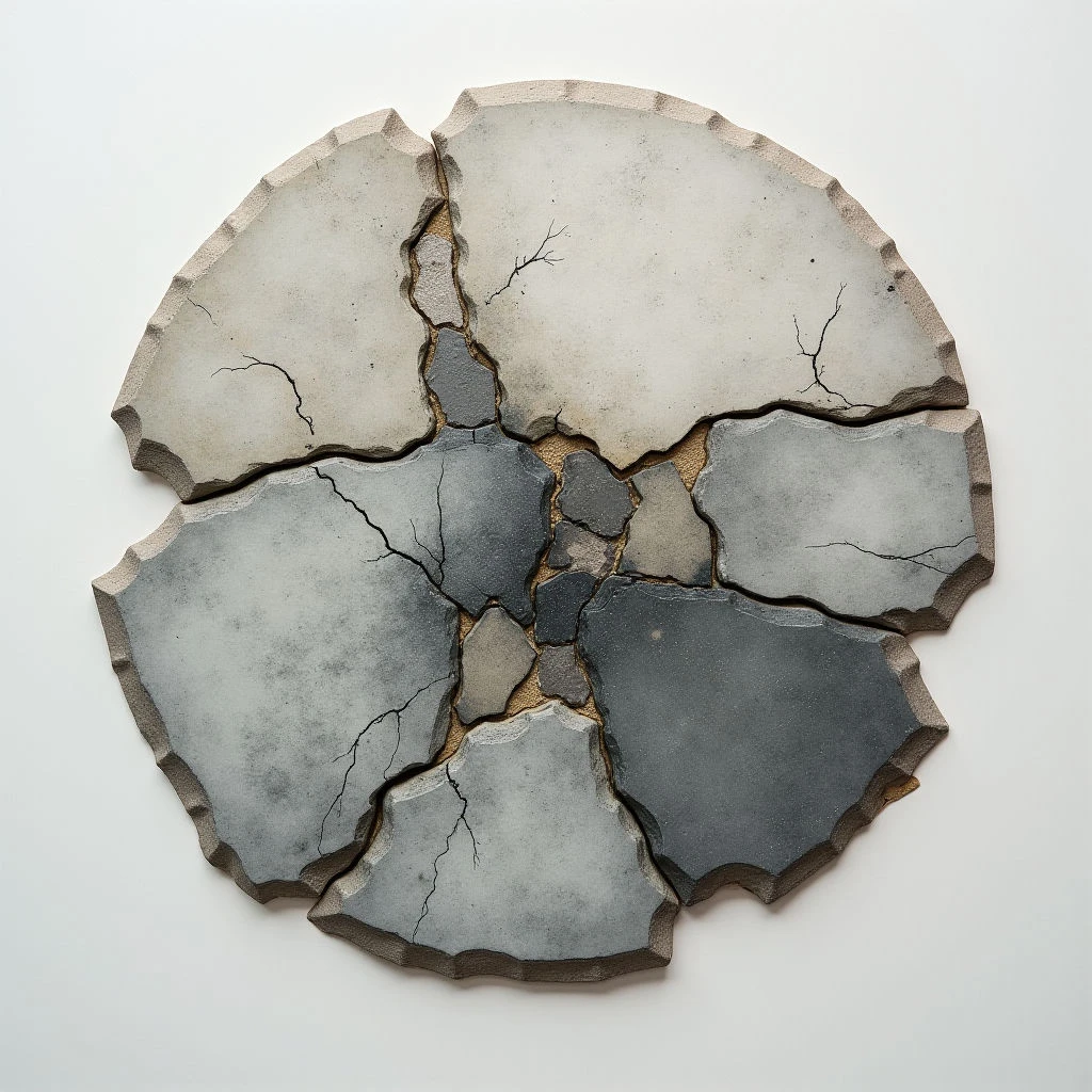 A roughly circular arrangement of broken ceramic pieces is laid flat against a white background. The fragments vary in shades of gray and beige, with intricate crack patterns running across each one. A small twig rests on the surface of the largest piece, emphasizing the fractured nature of the whole.