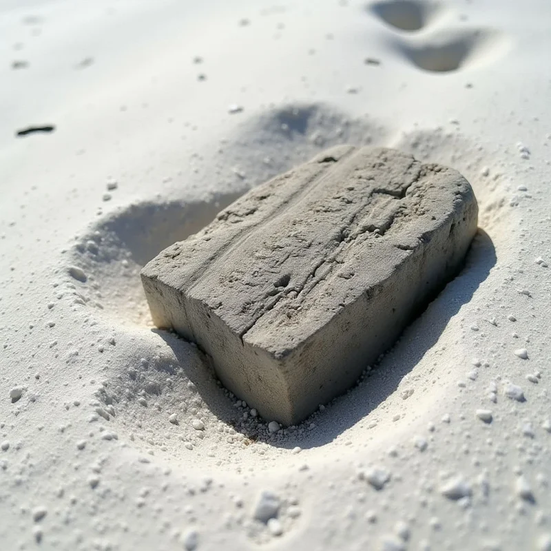 A textured, rectangular gray block sits nestled within a shallow depression in fine white sand. The scene is defined by soft, natural light that casts gentle shadows, highlighting the rough, cracked surface of the object and the granular texture of the surrounding grains. The composition focuses on the contrast between the solid, geometric shape of the block and the fluid, organic indentations in the pale landscape.
