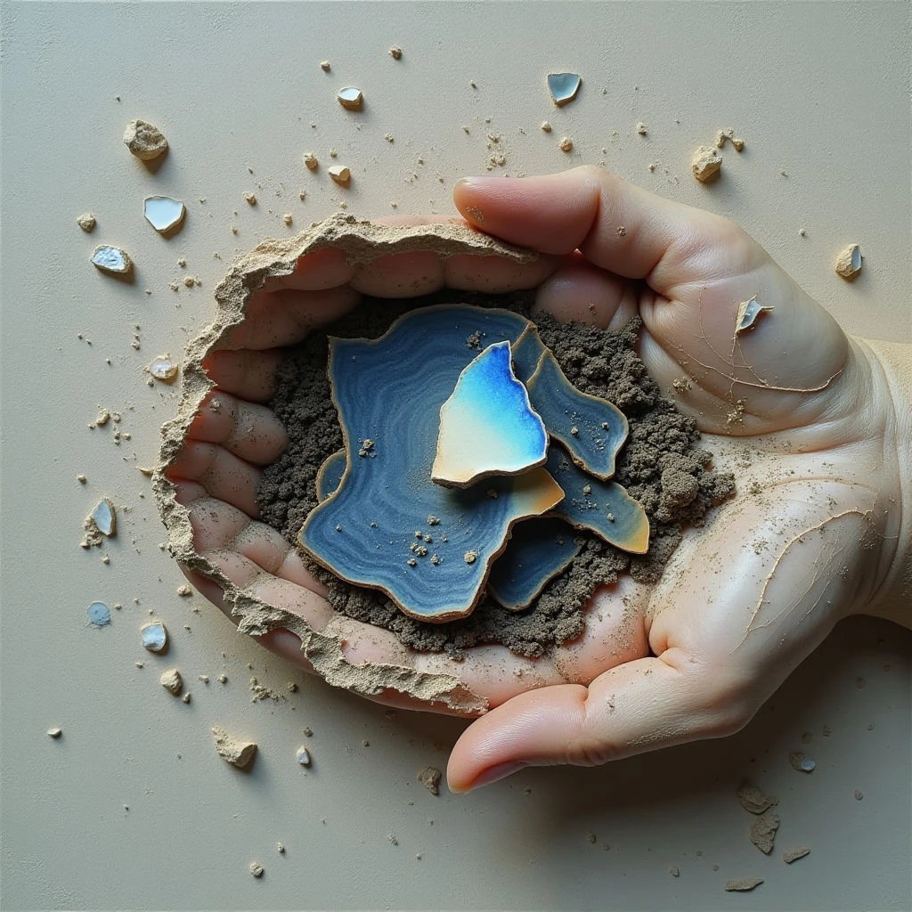 The image features a pale hand cupping a hollowed-out space filled with dark brown granular material and fragments of blue pottery. Surrounding the hand are scattered shards of similarly colored pottery against a smooth, light beige background. Light appears to come from above, creating subtle shadows within the hollow and highlighting the textures of both the hand’s skin and the broken ceramic pieces.