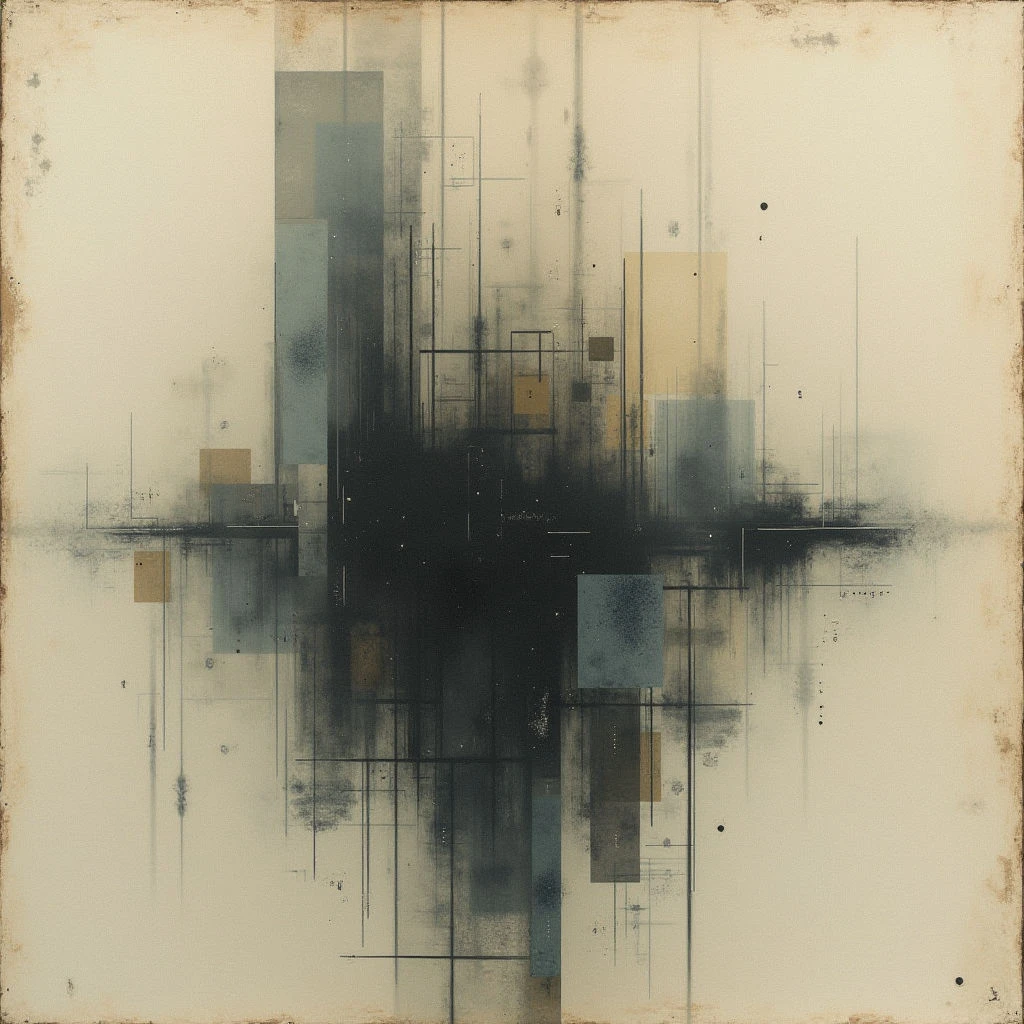 A dark, fractured shape dominates the center of a pale, textured background. Rectangular forms in shades of gray, blue, and gold are scattered around it, connected by thin, wavering lines that create an abstract grid. The overall impression is one of fragmented architecture or a shattered reflection with subtle staining across the surface.