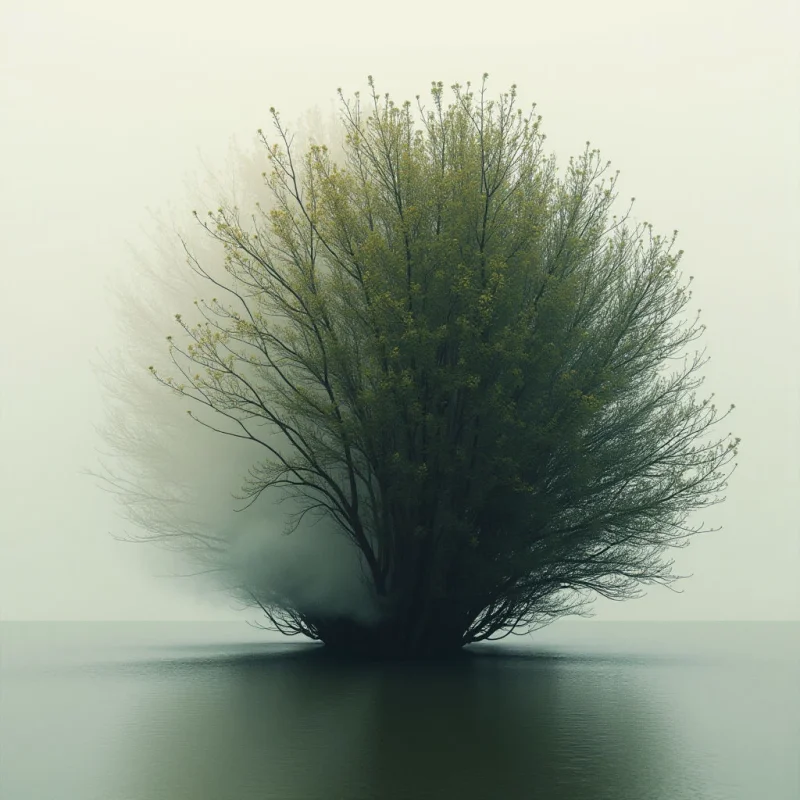 A solitary tree stands centered in a still, dark body of water, its branches split down the middle with vibrant green foliage on one side and bare limbs on the other. A hazy mist surrounds the base of the tree where it meets the water, blending into a pale, overcast sky. The overall tone is quiet and surreal, suggesting themes of duality or transition.