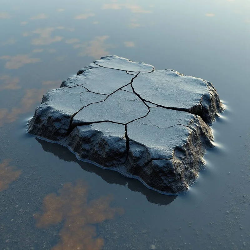 A cracked, dark grey slab with a rough, uneven texture floats centrally within a vast expanse of pale blue water. Soft, diffused light illuminates the scene, creating subtle reflections on the liquid surface and highlighting the jagged edges of the floating mass. The composition is defined by the stark contrast between the heavy, geometric cracks of the central object and the smooth, expansive emptiness surrounding it.