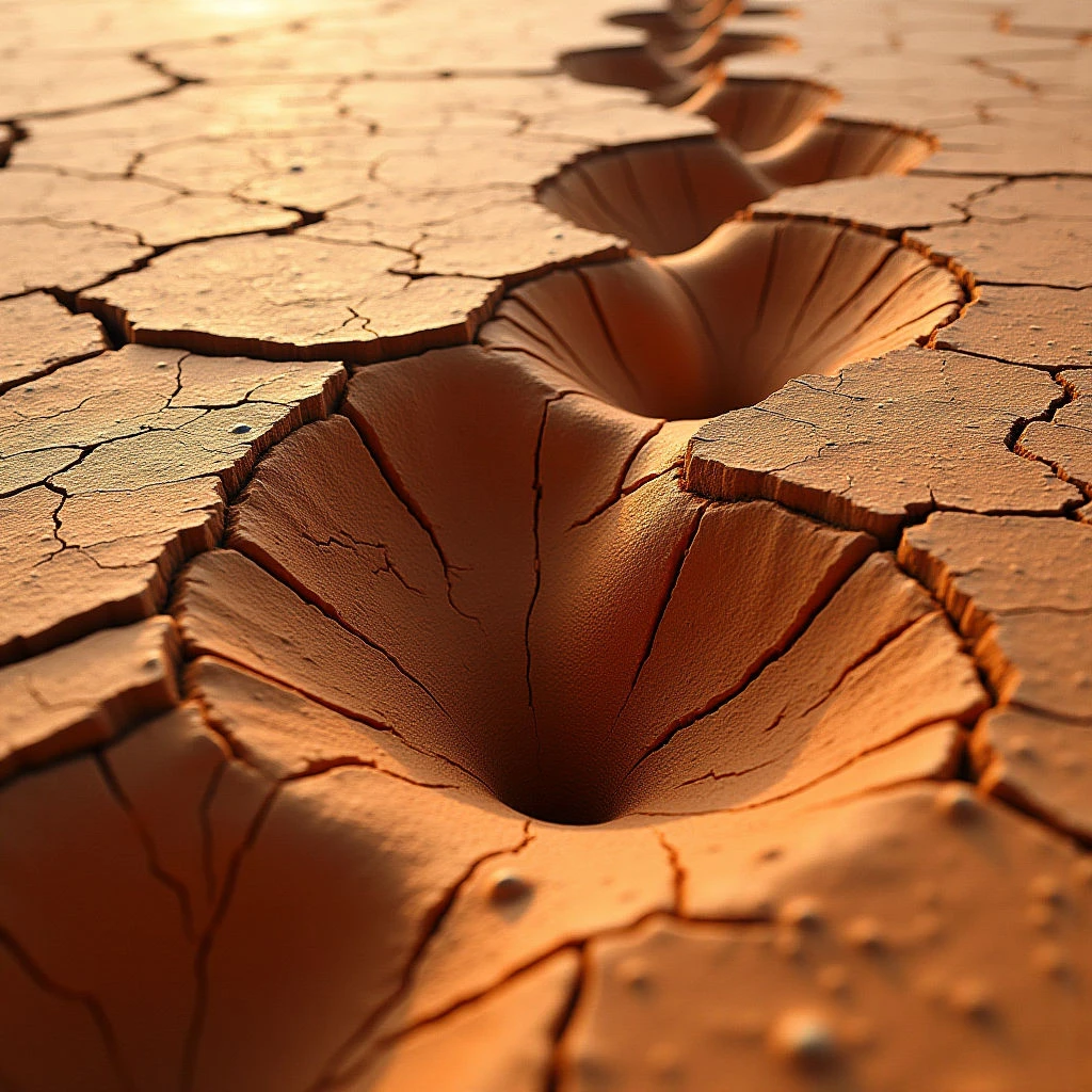 The image features a landscape dominated by shades of warm brown and orange, with variations suggesting sunlit surfaces and deeper shadows within cracks. A network of irregular, polygonal shapes defines the cracked earth’s texture, converging toward several circular depressions that punctuate the ground plane. Light appears to originate from the upper left, casting highlights on raised edges and emphasizing the depth of the fissures while creating a sense of spatial recession into the scene.