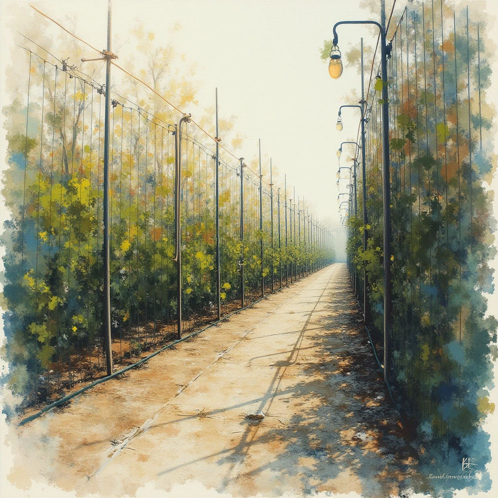 A long, straight dirt path stretches into the distance, lined on both sides by rows of trees with green and yellow foliage. Overhead wires connect to utility poles that run parallel to the path, and vintage-style lampposts cast a warm glow along the way. The scene has a hazy, dreamlike quality with soft lighting and muted colors.