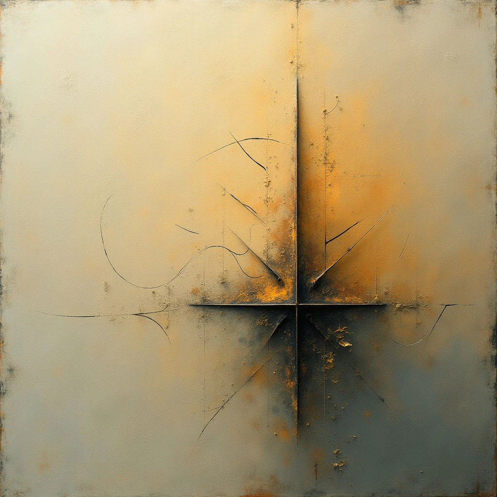 The image presents a largely square format with a gradient of warm tones shifting from pale yellow to ochre and then into cooler grey-blues. A central cross shape is defined by darker lines and areas of concentrated texture, appearing slightly rough and speckled compared to the smoother surrounding fields. Thin, dark linear marks extend outwards from the center, creating a sense of implied movement within a relatively shallow spatial depth.