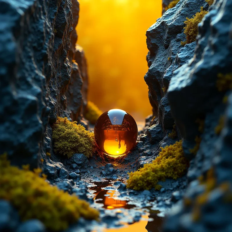 A glowing amber sphere sits centered within a narrow rocky crevice, flanked by dark, textured stone walls and patches of green moss. Bright golden light illuminates the background and reflects off the smooth surface of the orb and small pools of water below. The composition creates a strong vertical corridor that draws focus toward the luminous central object.