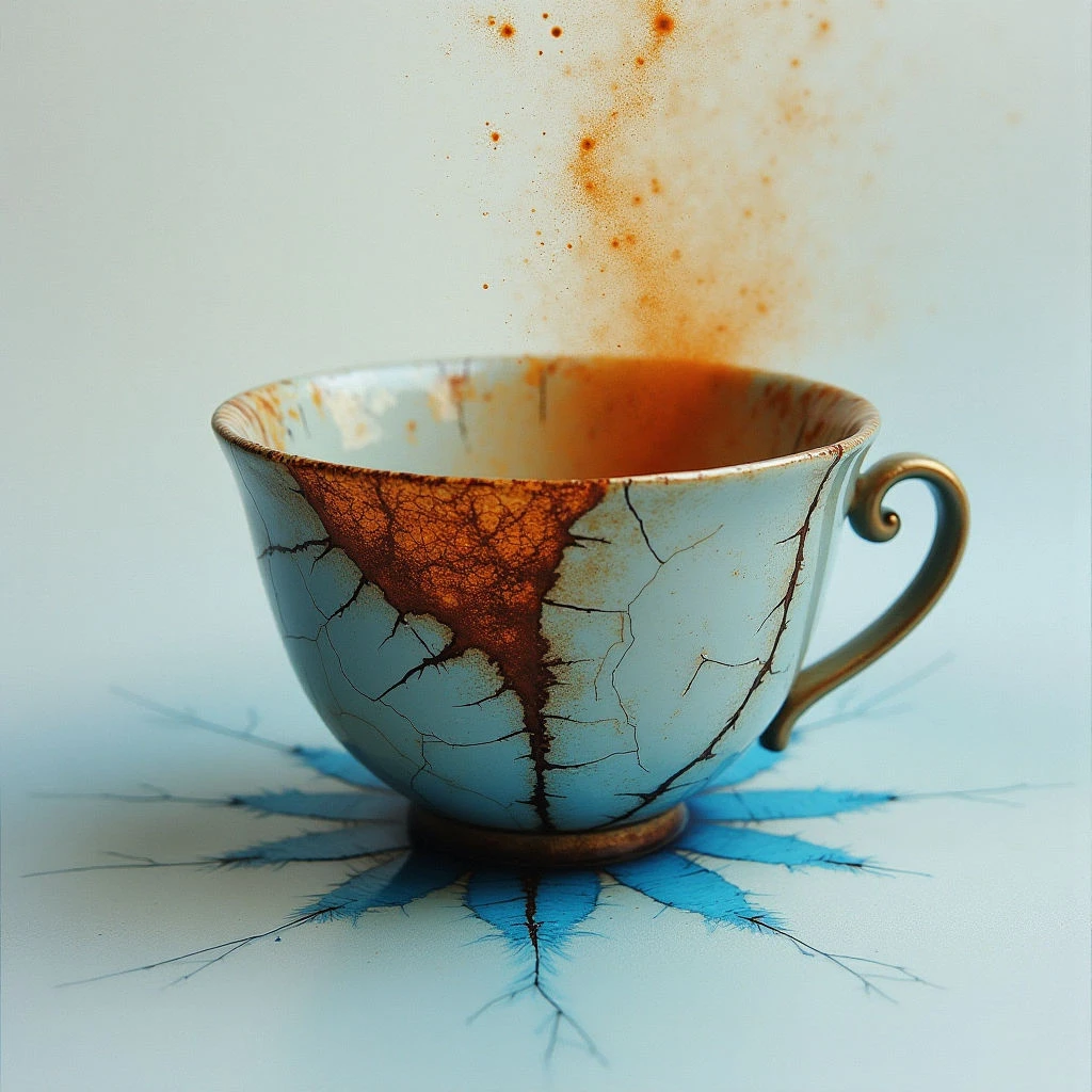 The image features a pale blue teacup with a network of brown cracks spreading across its surface and extending outwards onto a lighter background. A warm brown liquid is spilling from the cup in a dynamic spray, contrasted by the cool tones of the ceramic and surrounding shadow. Soft, diffused light illuminates the scene, highlighting the textures of both the cracked glaze and the airborne particles while creating gentle spatial recession.
