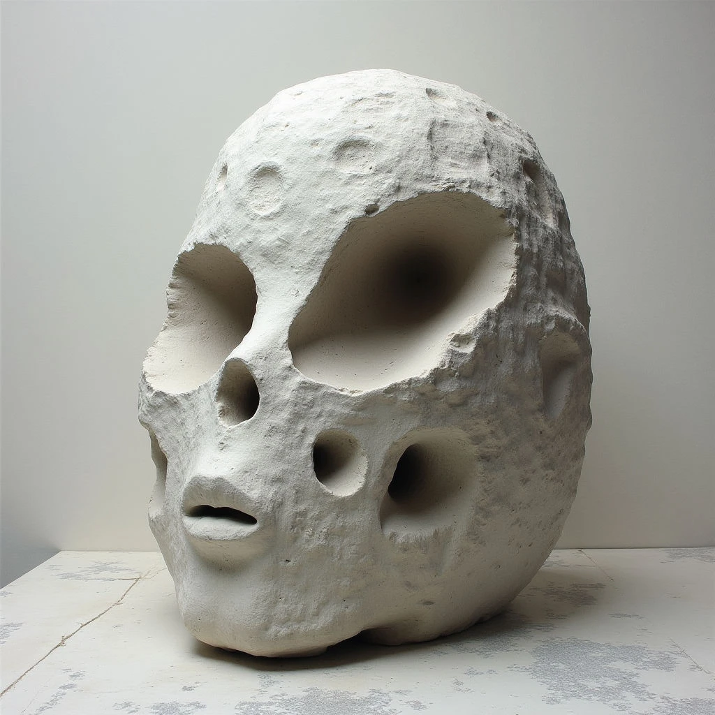 A large, roughly textured head sculpture sits on a light-colored surface. Numerous holes of varying sizes are carved into the face and skull, creating an eroded or skeletal appearance. The sculpture is pale in color and lacks distinct features beyond the general form of a human head.