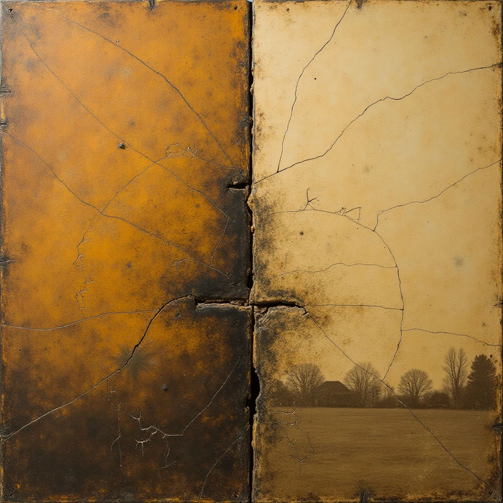 The image is divided into two adjacent rectangular panels, one a warm golden-brown and the other a pale beige. Both surfaces exhibit an extensive network of fine cracks, with darker blemishes and variations in tone across their textures. The right panel reveals a distant landscape scene—trees and a building—while the left remains abstract, suggesting depth through subtle shading changes.