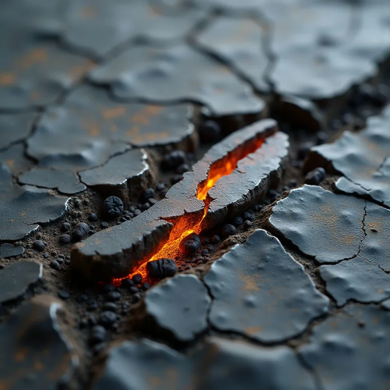 A jagged fissure of glowing orange and yellow light cuts through a dark, charcoal-colored landscape of cracked, parched earth. The surface features rough, matte textures with irregular geometric plates separated by deep crevices filled with small, dark granules. A shallow depth of field creates a sharp focus on the central luminous crack while the surrounding terrain recedes into soft, dark shadows.