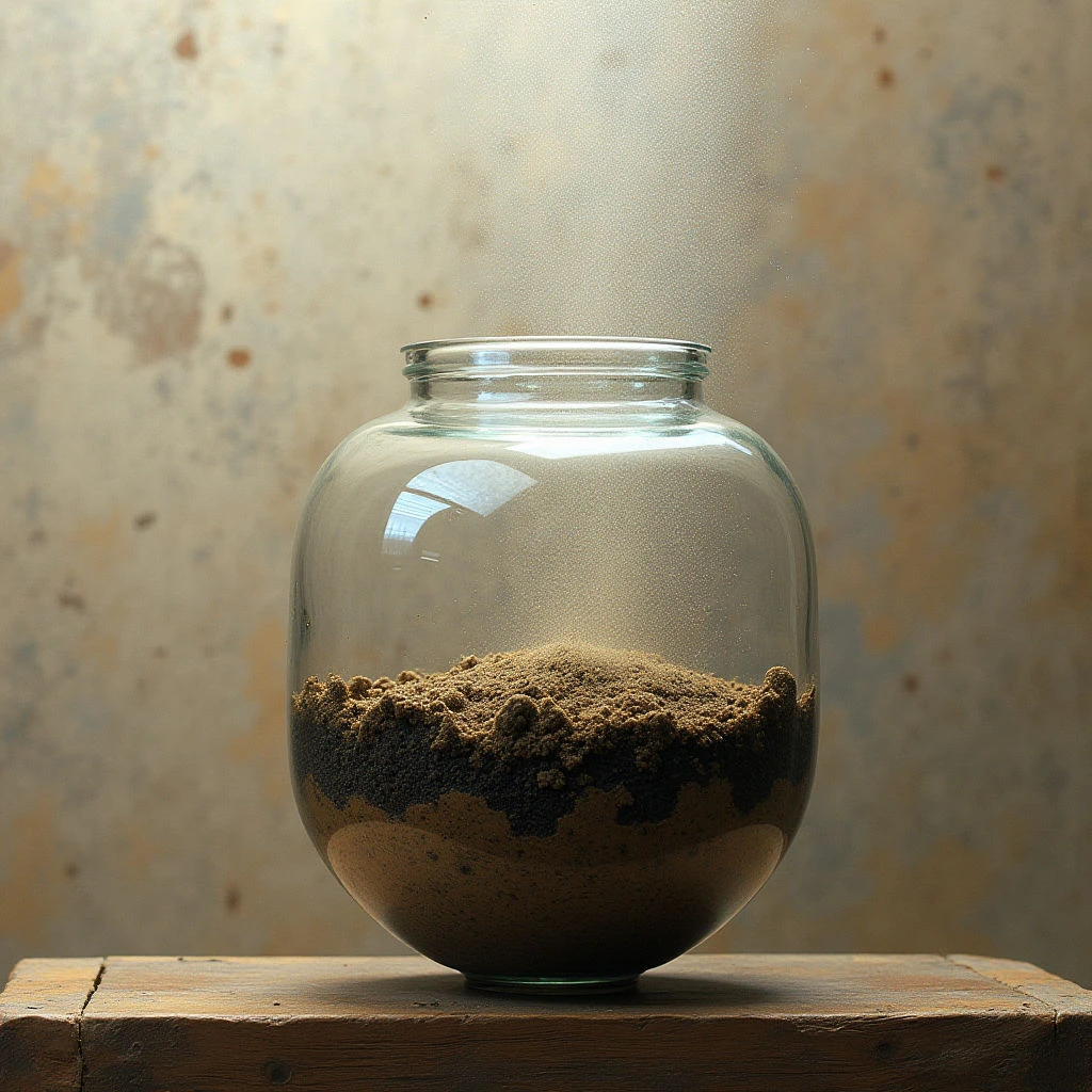 The image features a clear glass jar partially filled with dark brown granular material resting on a weathered wooden surface. A beam of bright light illuminates the interior of the jar and highlights dust motes suspended in the air above the contents, contrasting with the mottled beige background. The jar is rounded in shape, and its transparency reveals layered textures within the sediment while creating reflections on its curved surface.