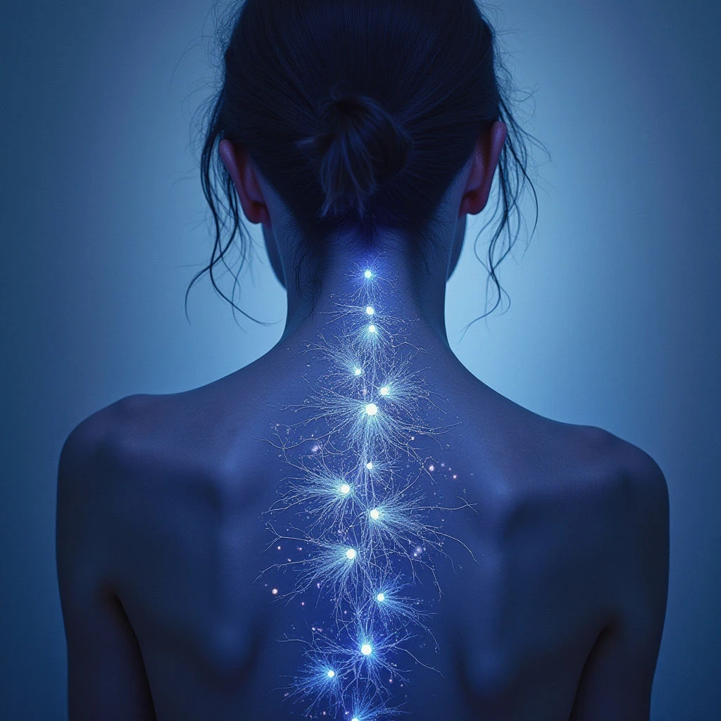 The image is dominated by cool blue tones, ranging from deep shadows to lighter highlights across a human back and surrounding space. A vertical line of bright, glowing points and radiating lines extends down the spine, contrasting with the smooth texture of skin. The figure is centrally positioned against a blurred background, creating a sense of depth while maintaining focus on the illuminated spinal column.