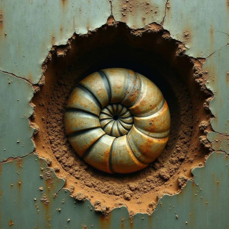 The image features a central spiral form emerging from a roughly circular opening in a teal surface. The surrounding surface is heavily textured with rust and flaking paint, contrasting with the smoother, segmented texture of the spiral itself which displays shades of brown and gold. Light appears to be focused on the spiral, creating shadows within the opening and highlighting the rough edges of the damaged surface around it.
