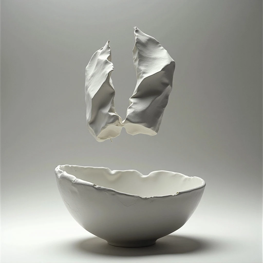 A broken white bowl sits on a neutral surface, with two large shards suspended in the air above it. The fragments appear delicate and crumpled, as if recently shattered or caught mid-fall. The overall impression is one of fragility and disruption against a simple background.