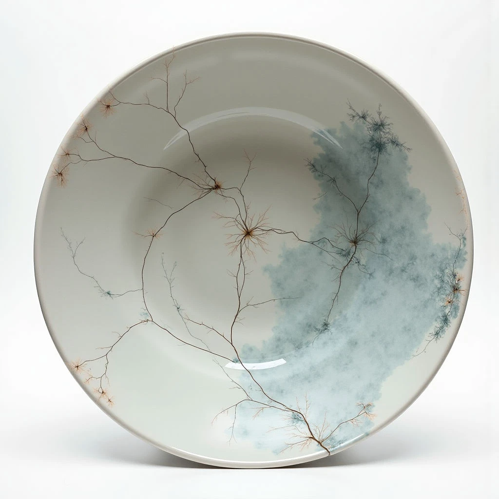 A large, shallow bowl is centered against a white background. Delicate branches with small buds extend across the interior surface of the bowl in shades of copper and blue-gray. One section features a cloud-like wash of pale blue with branching details similar to the other patterns.