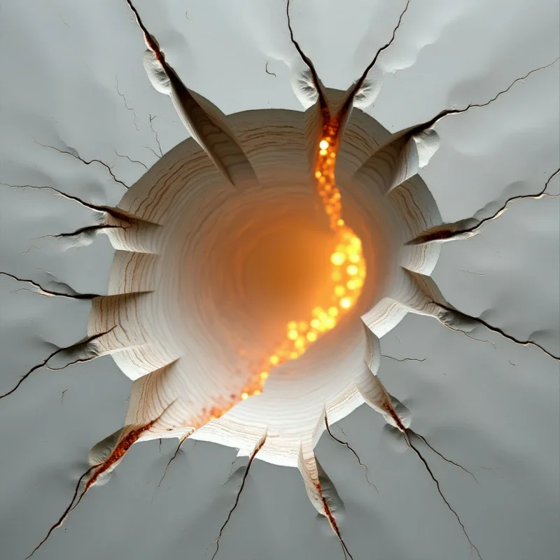 A central, glowing orange void radiates warmth through a layered, circular structure of white and tan concentric ridges. Jagged black cracks branch outward from the perimeter into a smooth, pale gray surface, creating a radial pattern of sharp lines and organic shapes. The composition transitions from a bright, luminous core to dark, shadowed crevices along the irregular edges of the central opening.
