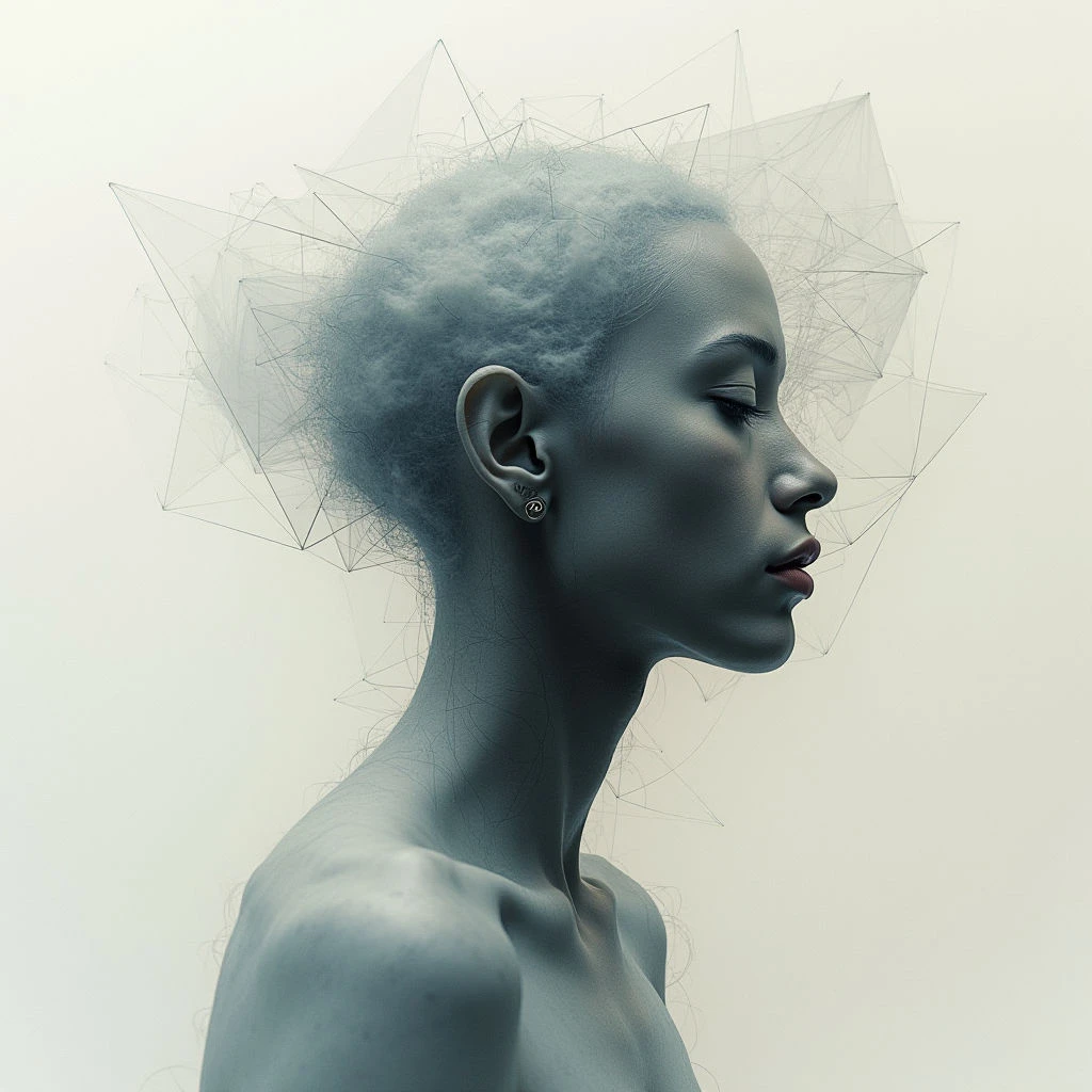 A woman with pale, bluish skin is shown in profile, her eyes closed and expression serene. Her hair appears as a cloud-like texture surrounding her head, which is overlaid with a complex network of thin white lines forming geometric shapes. The overall tone is cool and ethereal, suggesting themes of consciousness or digital existence.
