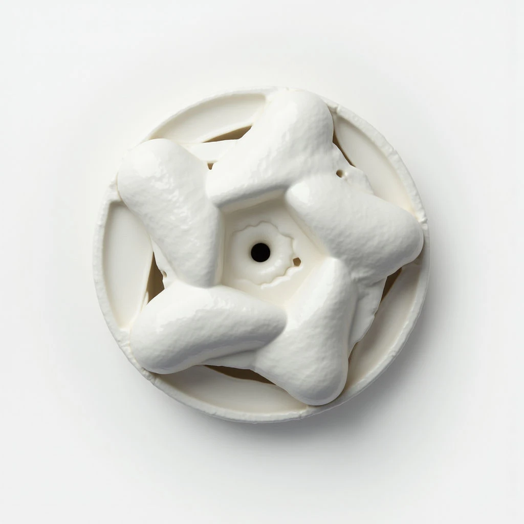 A white, geometric sculpture rests on a similarly colored circular base. The sculpture features several petal-like forms radiating from a central hollow core with a small opening. Its smooth texture and stark color create a clean, minimalist aesthetic against the plain background.