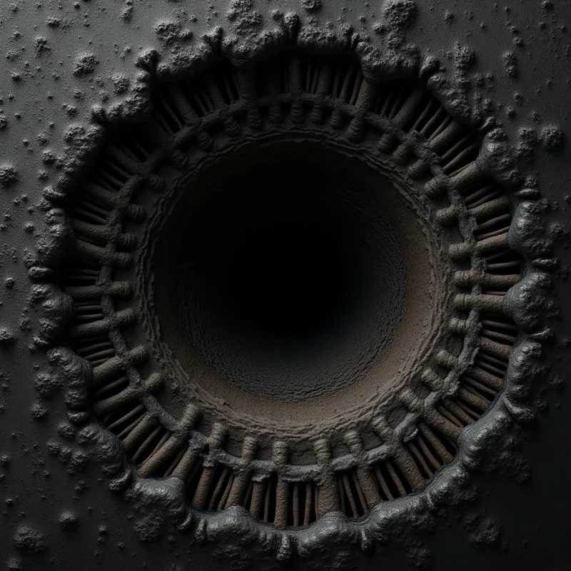 A dark, monochromatic palette of charcoal and black defines this circular composition, featuring a central void surrounded by radiating textured ridges. The surface transitions from a coarse, granular exterior to fine, vertical striations that lead toward the deep center. Light catches the raised, irregular bumps on the outer ring, creating subtle highlights against the shadowed recesses.