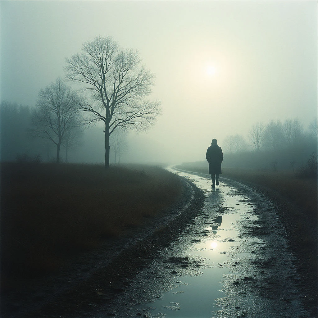 A lone figure walks down a muddy, curving road through a dense fog. Bare trees line the path on either side, their branches reaching like skeletal fingers into the pale light. The sun is obscured by the mist, casting a soft glow over the somber landscape and reflecting dimly in the puddles along the way.