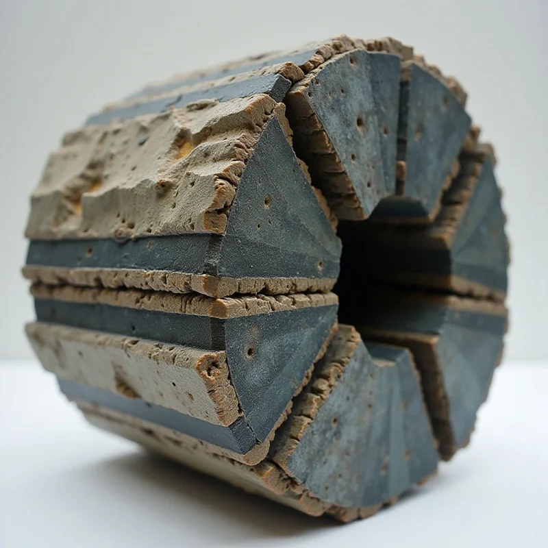 The object is composed of alternating bands of a rough, pale tan material and smooth, dark teal sections arranged in a cylindrical form. The texture varies between porous and eroded for the tan portions and relatively flat with small holes for the teal segments. Light falls unevenly across the surface, creating highlights on the edges and within the indentations, while the arrangement suggests a hollow interior space visible through openings around the circumference.