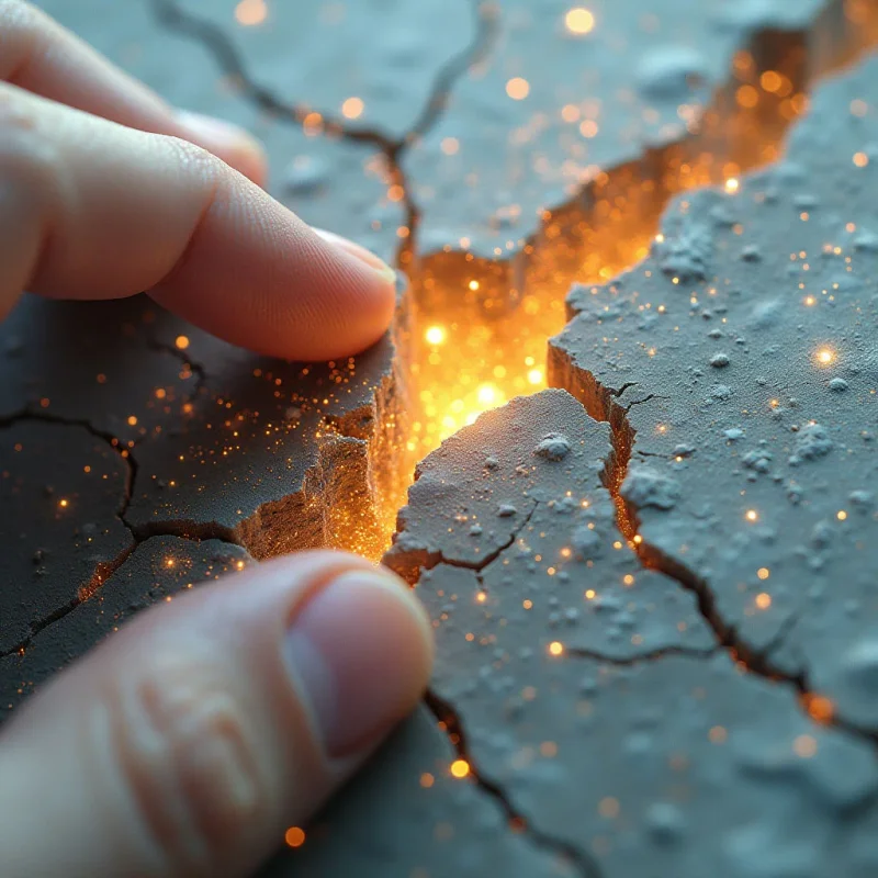 A bright orange glow emanates from a jagged fissure in dark, textured grey earth, casting light onto the surrounding cracked surface and scattered luminous particles. Two pale human fingers frame the opening, positioned closely along the edges of the divide. The composition centers on the high-contrast relationship between the cool, matte tones of the dry ground and the intense, warm radiance within the crevice.