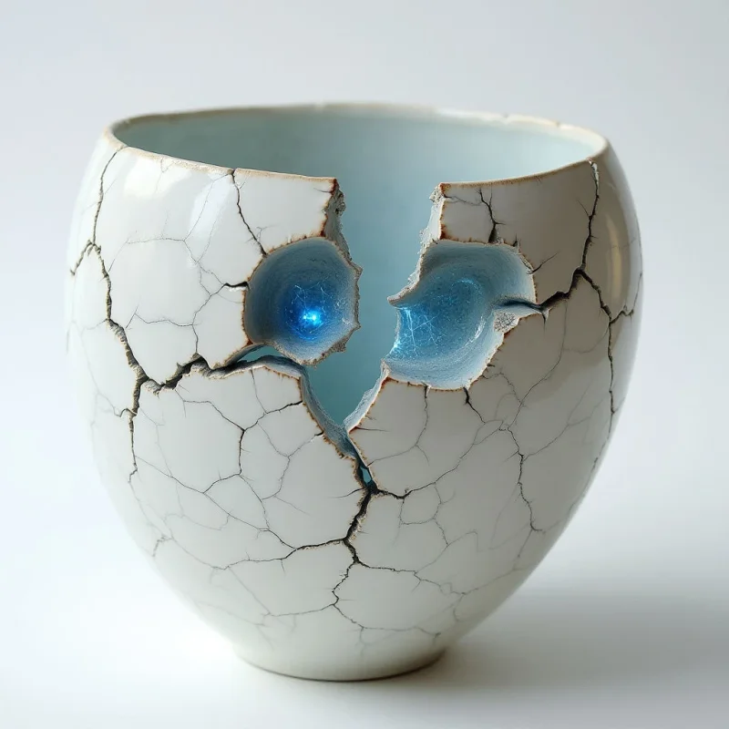 A cracked white ceramic bowl sits against a pale, neutral background, revealing a glowing blue interior through large jagged fissures. The smooth, polished surface of the outer shell is interrupted by dark, web-like cracks and deep structural breaks. Soft light illuminates the object from above, casting gentle shadows and highlighting the contrast between the matte exterior and the luminous, textured blue core.